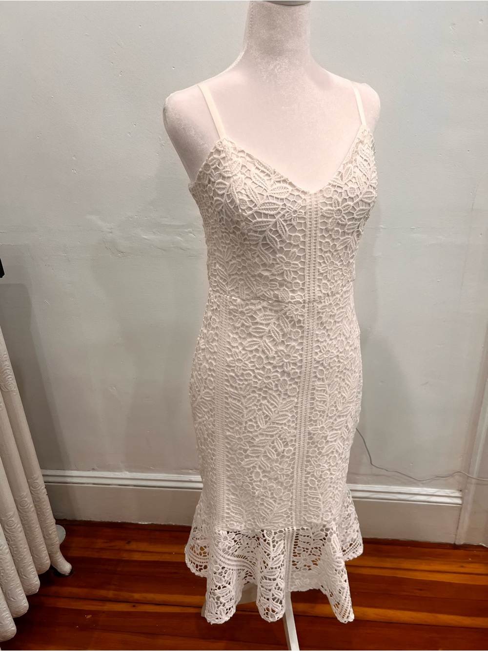 White Lace Spaghetti-Strap Midi Dress perfect for Bridal Era